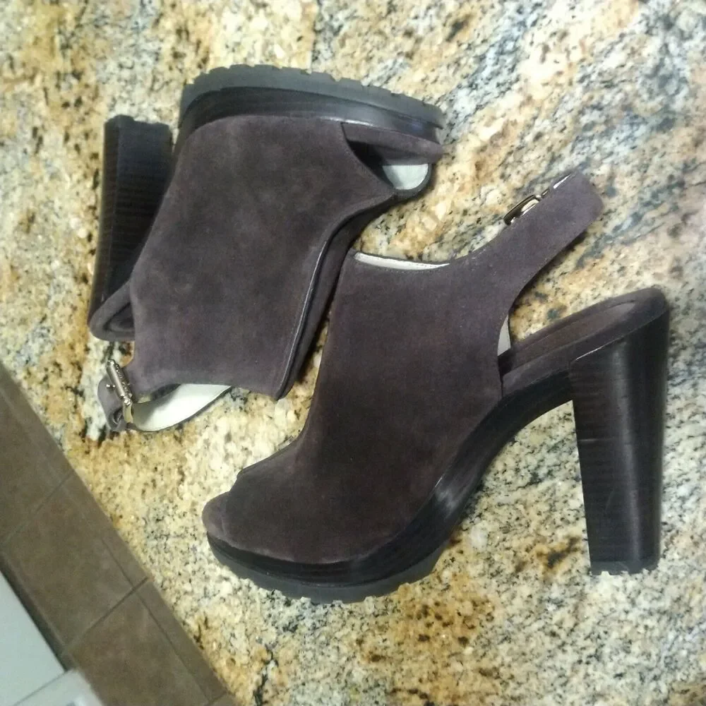 Michael Kors Chunky High Heels Brown Suede Leather Buckle Back Mules Womens 8 - Picture 7 of 12